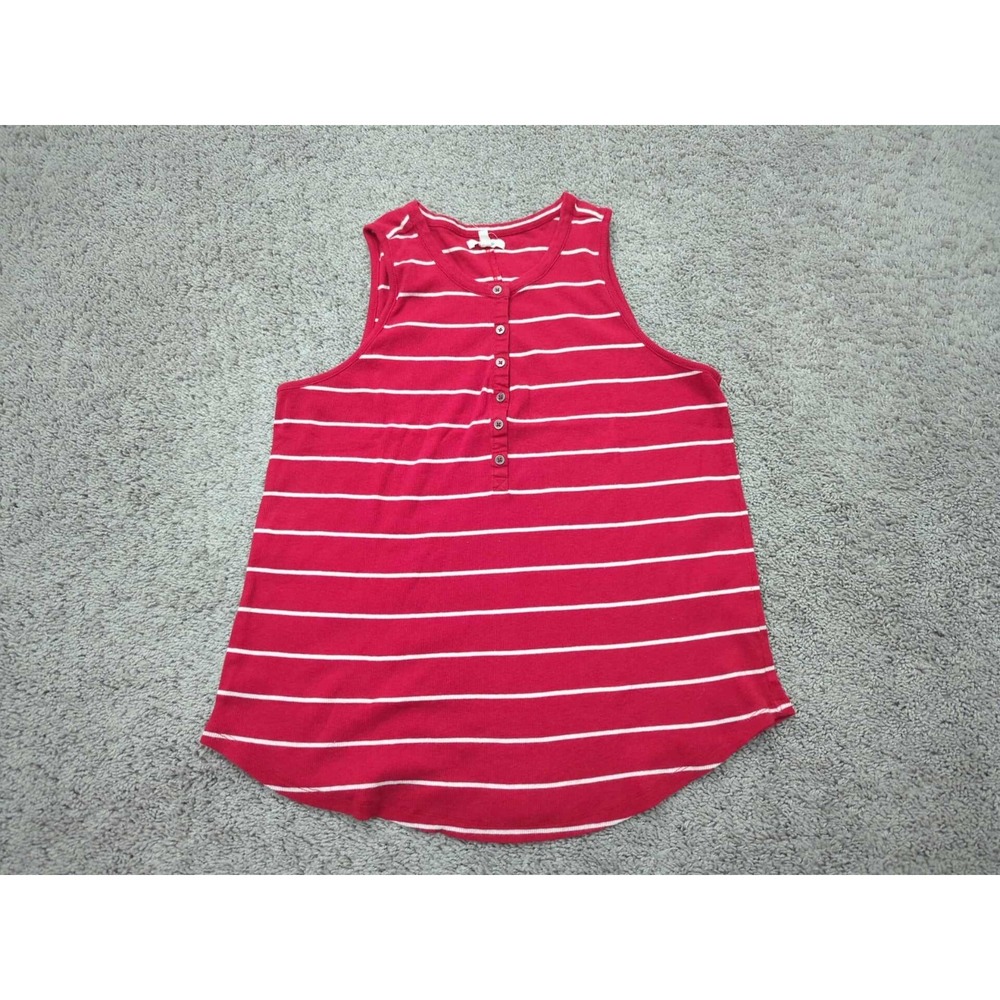 Maurices Tank Top Womens 1X PLUS Red Striped Henley Ribbed Knit Casual‎